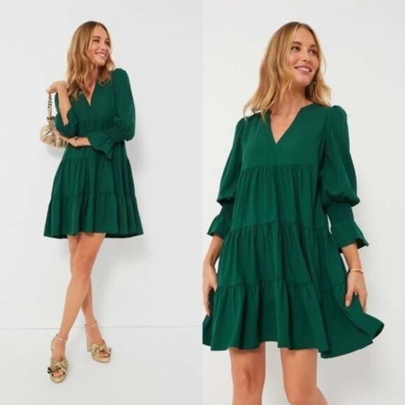 Pomander Place NEW Hunter Green Crepe Kenzo Long Sleeve Party Mini Dress Size XS